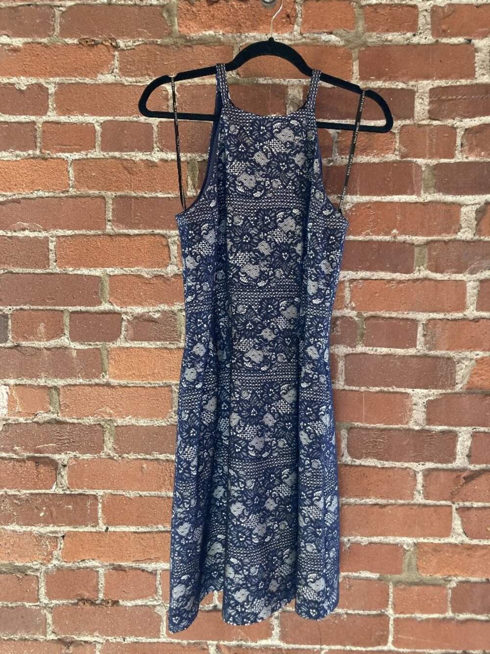Vince Camuto blue lace halter fit and flare dress